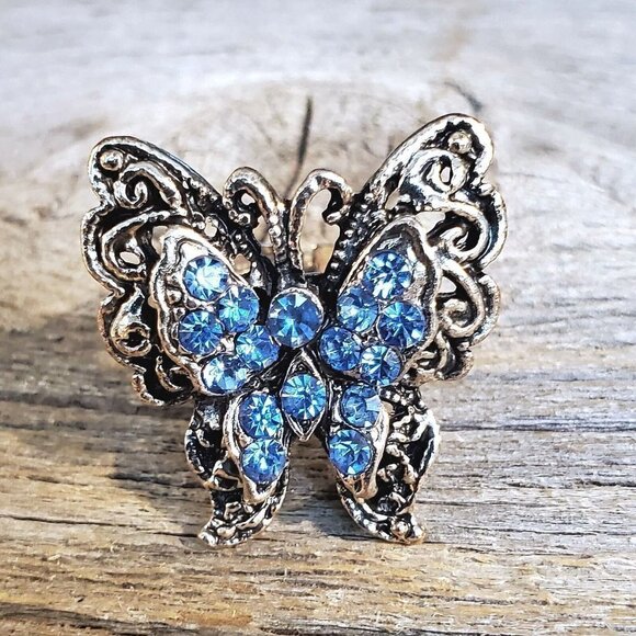 Vintage Y2K 90s Blue Crystal Butterfly Silver Adjustable Cocktail Ring - Picture 1 of 8